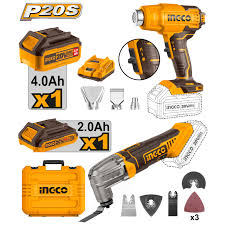 Ingco P20S Lithium-Ion Battery and Charger Kit  Voltage:20V With 1pcsLithium-ion multi-tool (CMLI2022) With 1pcs lithium-ion heat gun (HGLI20025) Lithium-ion multi-tool (CMLI2022): Voltage: 20V No-load speed: 5000-20000rpm Oscillation angle: 3.2° 6 speed adjustment Lithium-ion heat gun (HGLI20025): Voltage:20V Temperature:300/550°C Airflow:100/200 L/minCOSLI230701