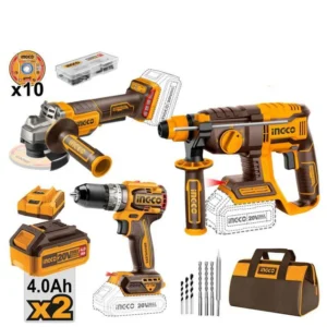 Ingco 20V Lithium-Ion Cordless Rotary Hammer, Angle Grinder & Impact Drill Combo Kit Set  COSLI240202